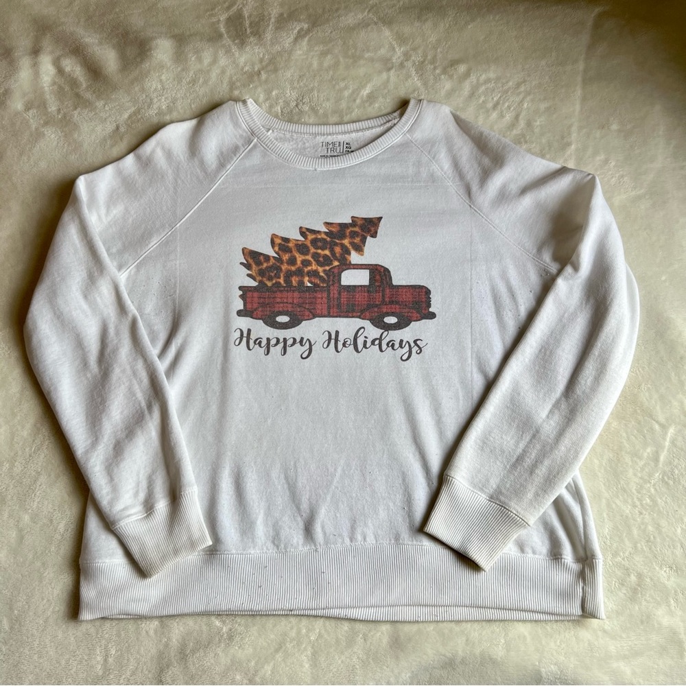 Happy Holidays crew neck, color white, size large